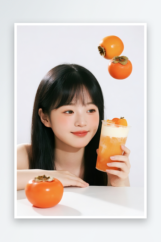 中式新鮮柿子奶茶咖啡飲品水果攝影圖