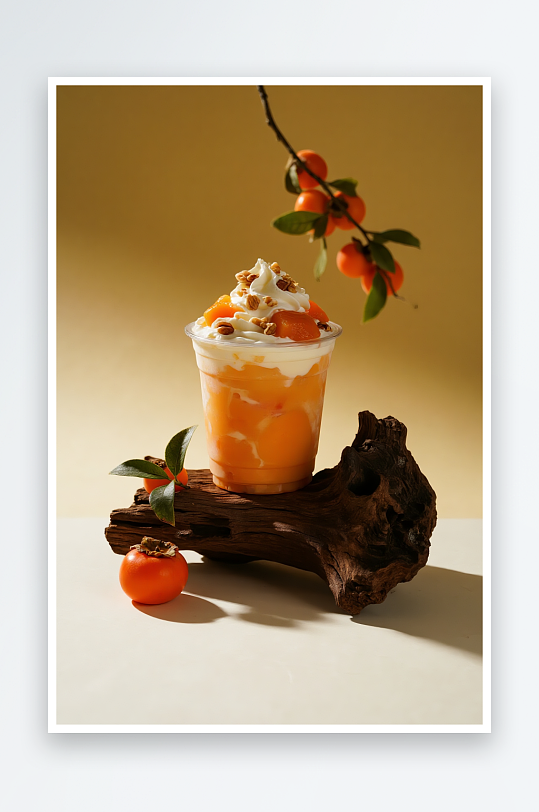 新鲜柿子奶茶咖啡饮品水果摄影图-众图网