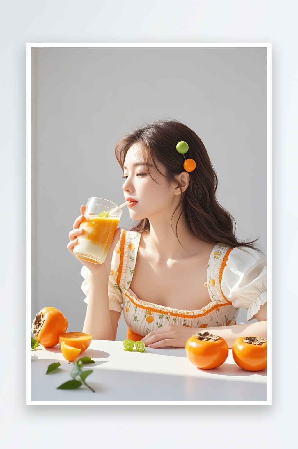 美女喝柿子奶茶咖啡飲品水果攝影圖素材