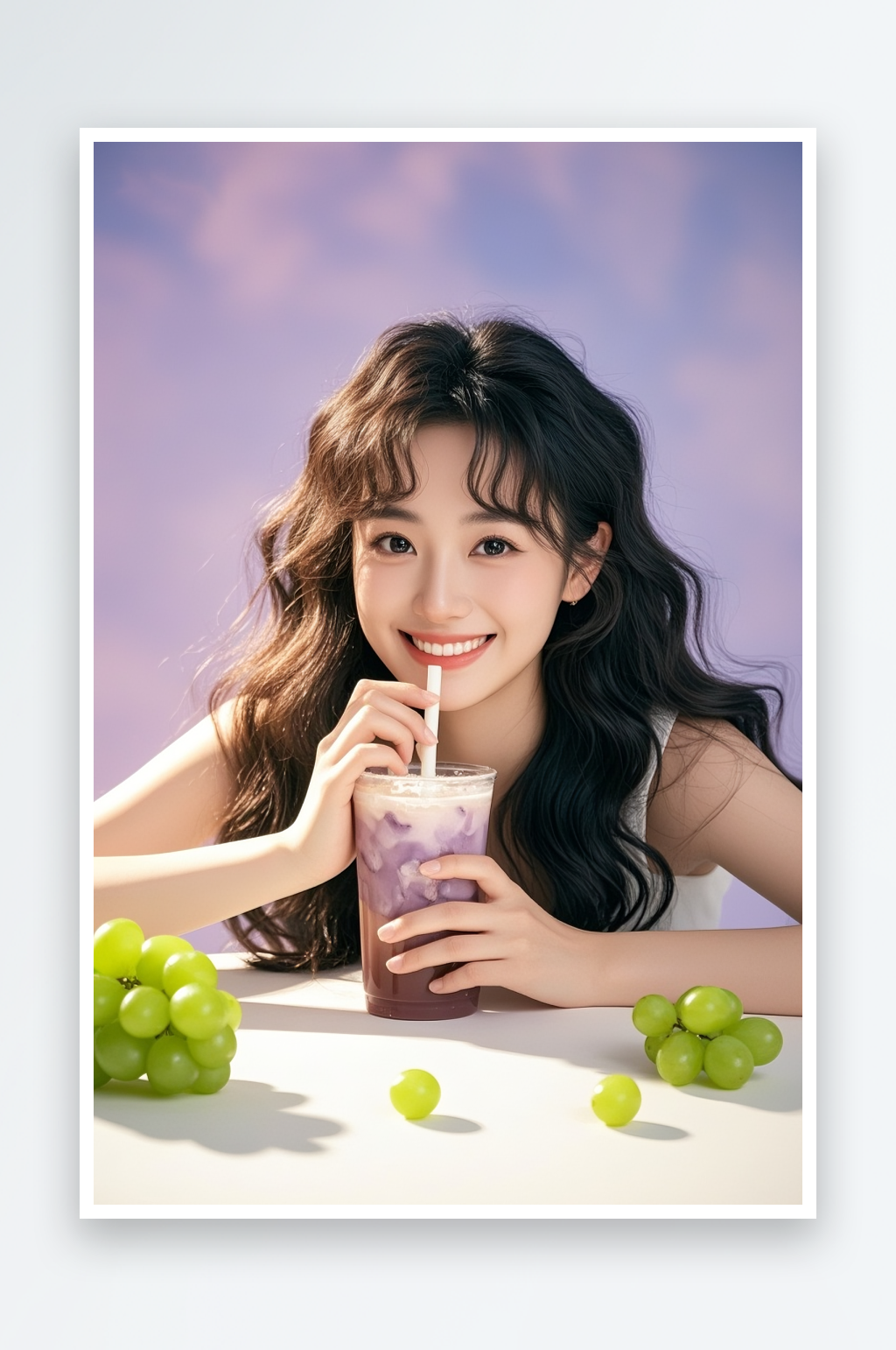美女喝奶茶葡萄奶茶咖啡飲品水果攝影圖素材