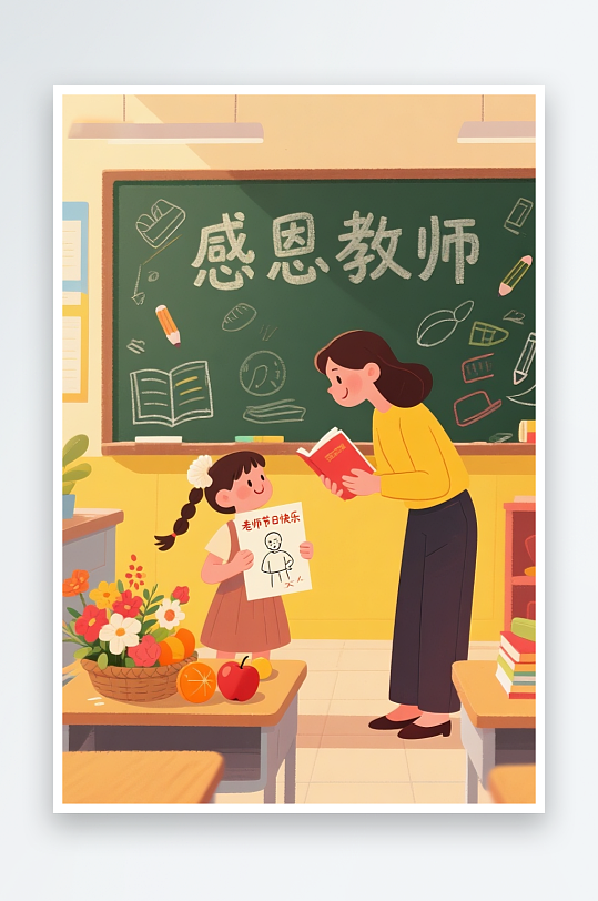 教室講臺(tái)上教學(xué)卡通教師節(jié)老師人物插畫