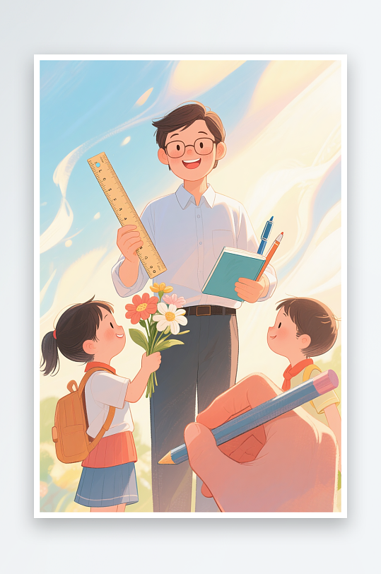 手持紙筆卡通教師節(jié)老師人物插畫