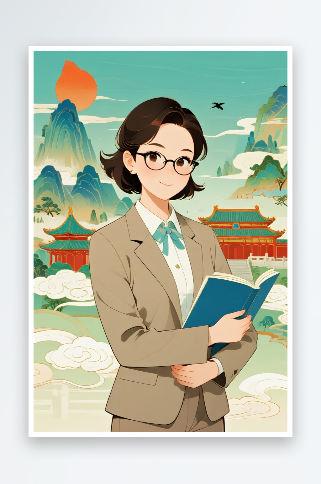 拿著花老師國潮風教師節(jié)老師人物插畫素材