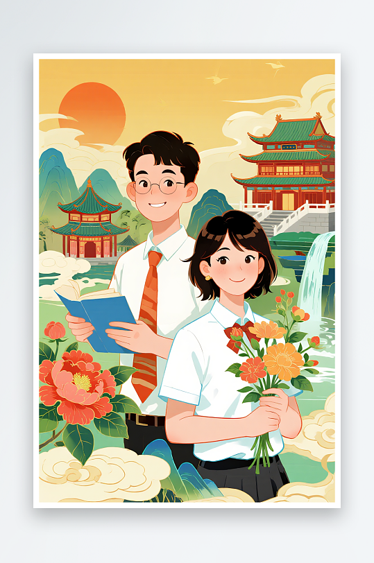 中式山水國潮風教師節(jié)老師人物插畫