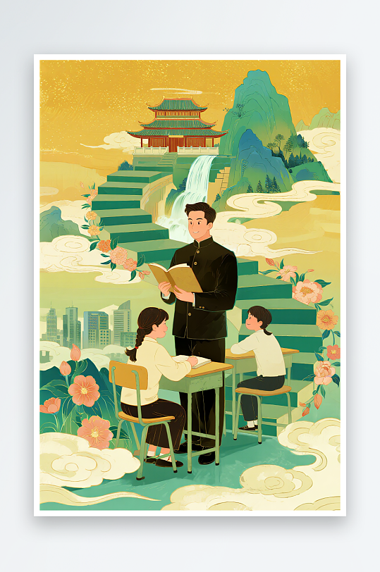 拿着花教师国潮风教师节老师人物插画-众图网