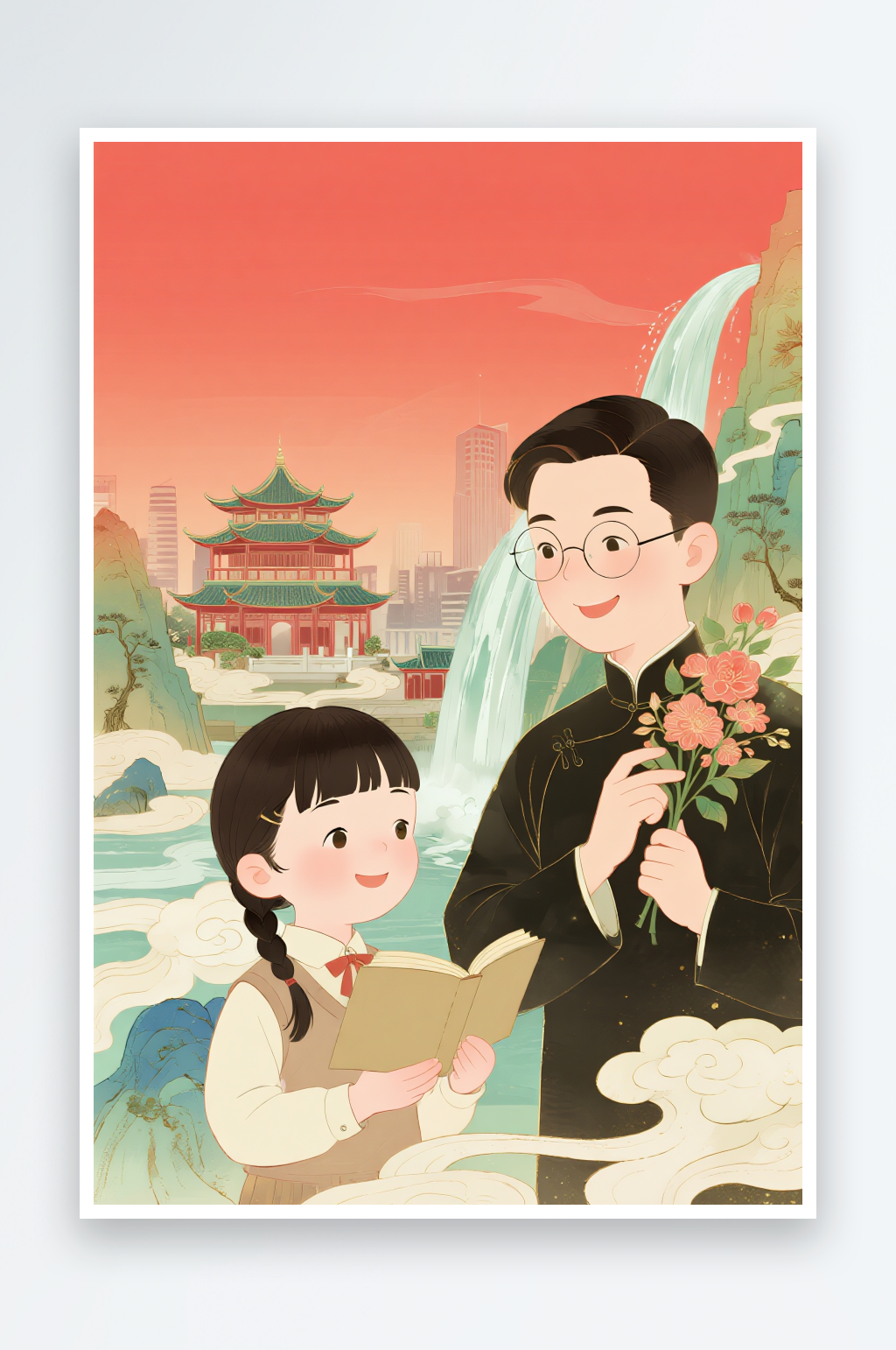 拿着书本国潮风教师节老师人物插画素材
