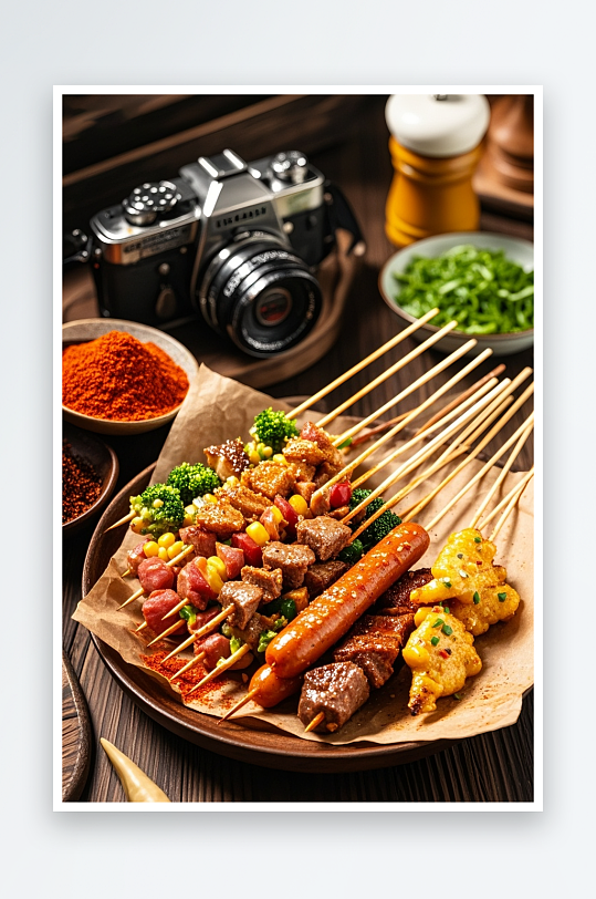 里脊肉玉米粒韭菜炸串油炸串串烧烤美食摄影图-众图网