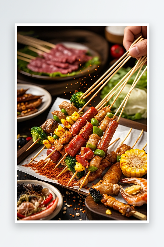 西蓝花玉米粒火腿肠炸串油炸串串烧烤美食摄影图-众图网