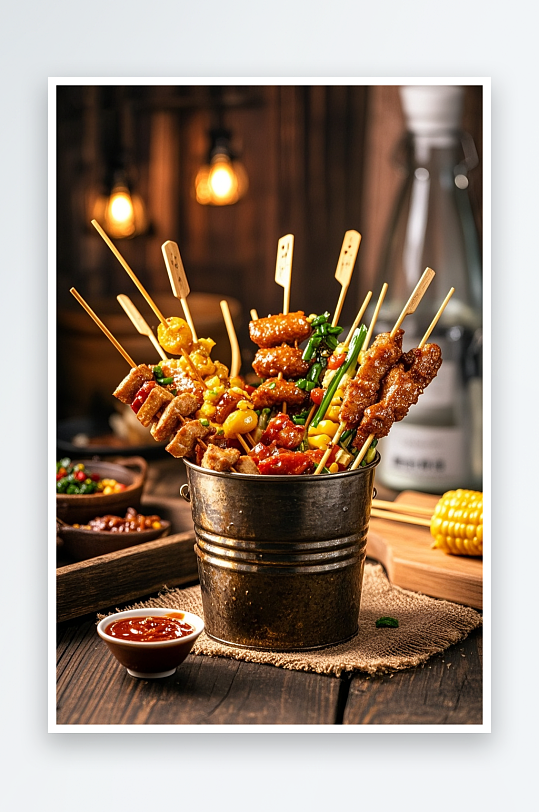 烧烤西蓝花玉米粒火腿肠炸串油炸串串美食摄影图-众图网