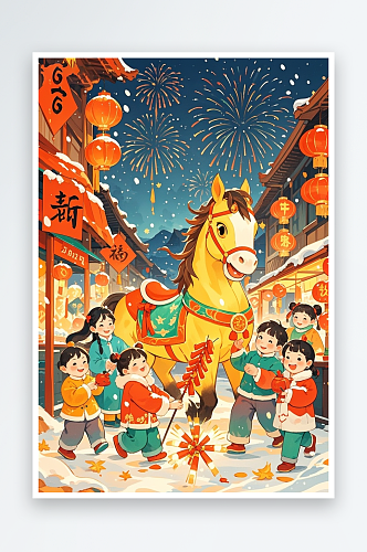 2026年热闹马年新年春节年俗集市插画