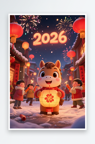 2026年元旦节灯笼马年新年春节年俗集市插画