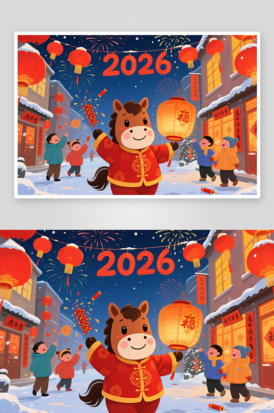 2026年水彩马年新年春节年俗集市插画-众图网