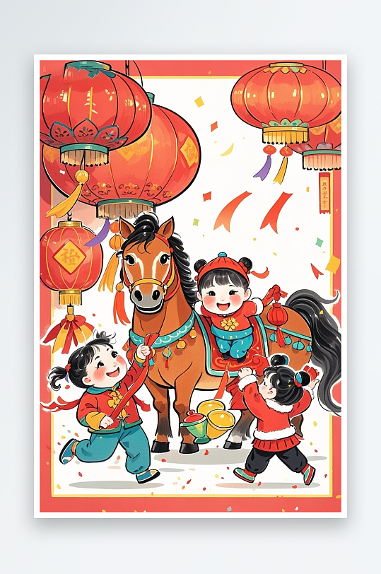 2026年水彩马年新年春节年俗集市插画-众图网