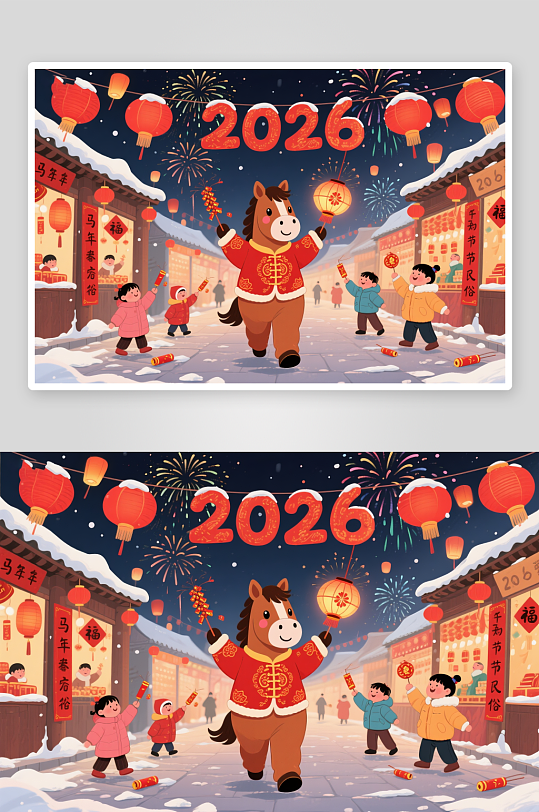 2026年水彩马年新年春节年俗集市插画-众图网