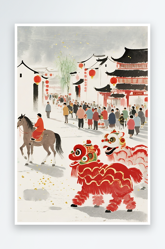 2026年对联马年新年春节年俗集市插画