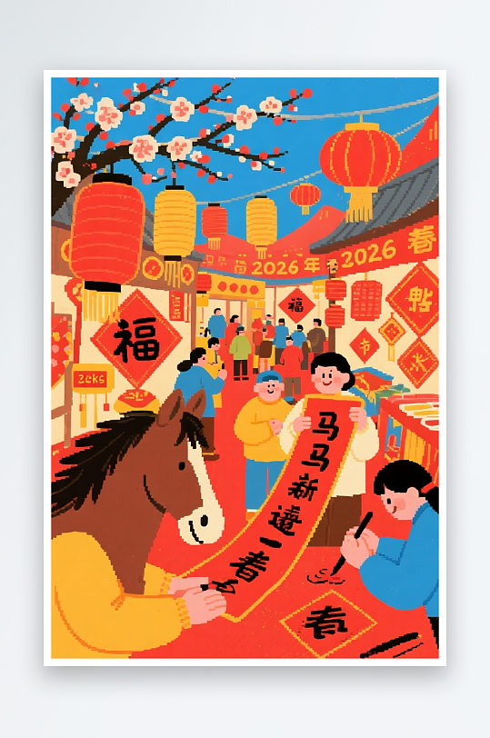 2026年对联马年新年春节年俗集市插画