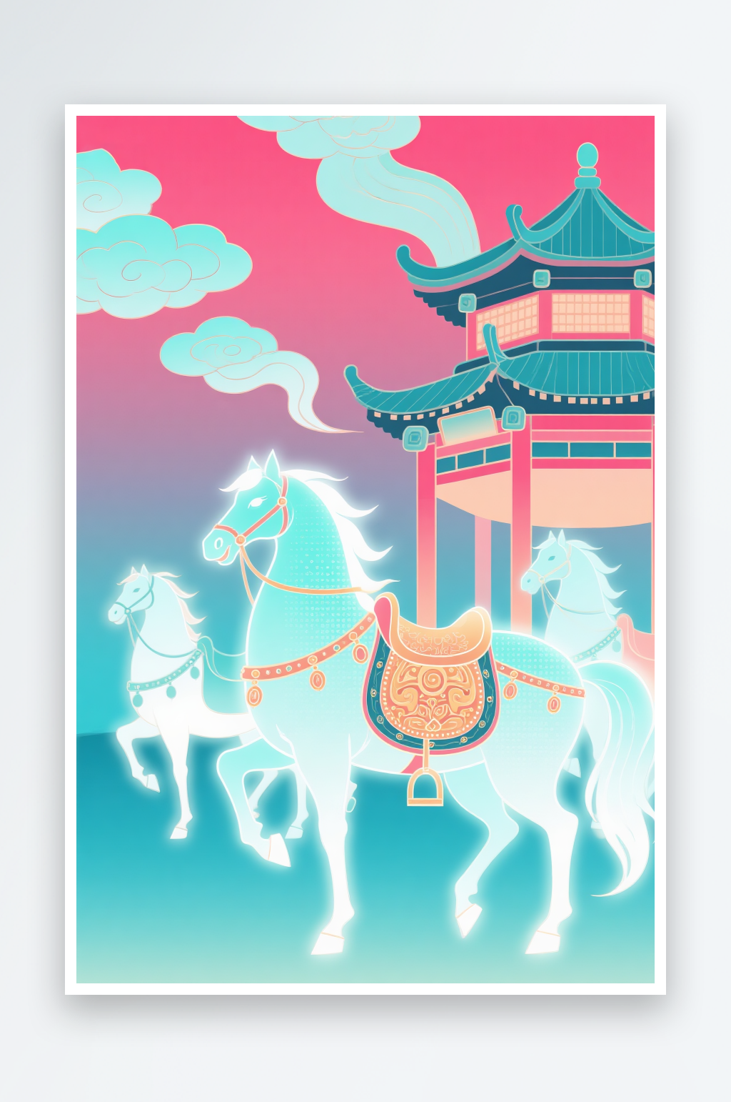 2026年生肖马年渐变扁平风国风插画素材