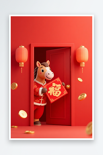 2026年探出头唐装马年新年开门红插画