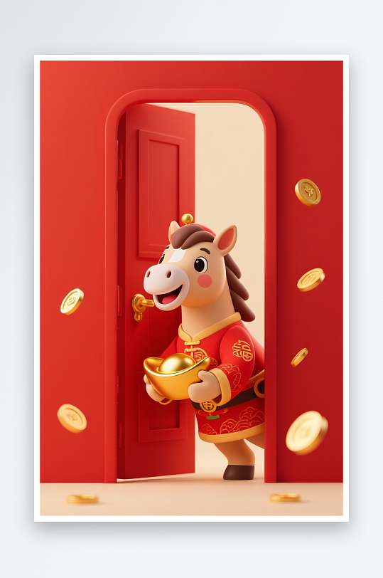 2026年探出头唐装马年新年开门红插画-众图网
