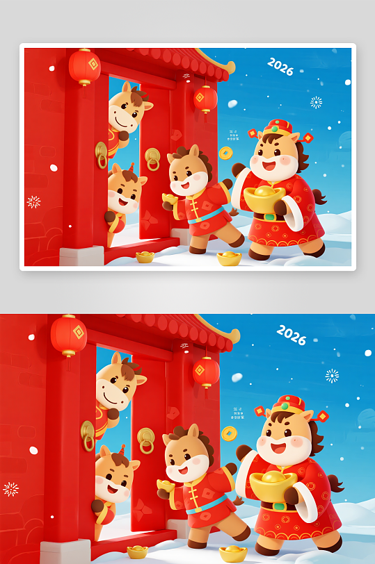 2026年探出头唐装马年新年开门红插画-众图网
