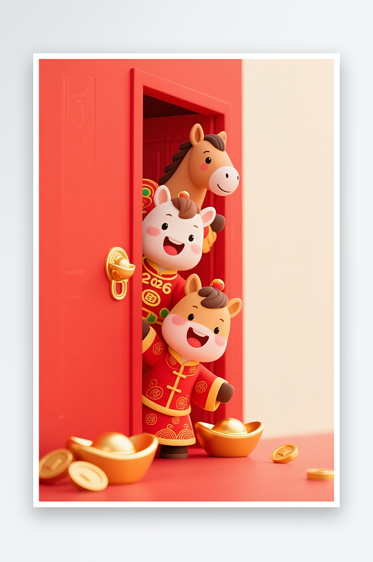2026年探出头金元宝马年新年开门红插画-众图网
