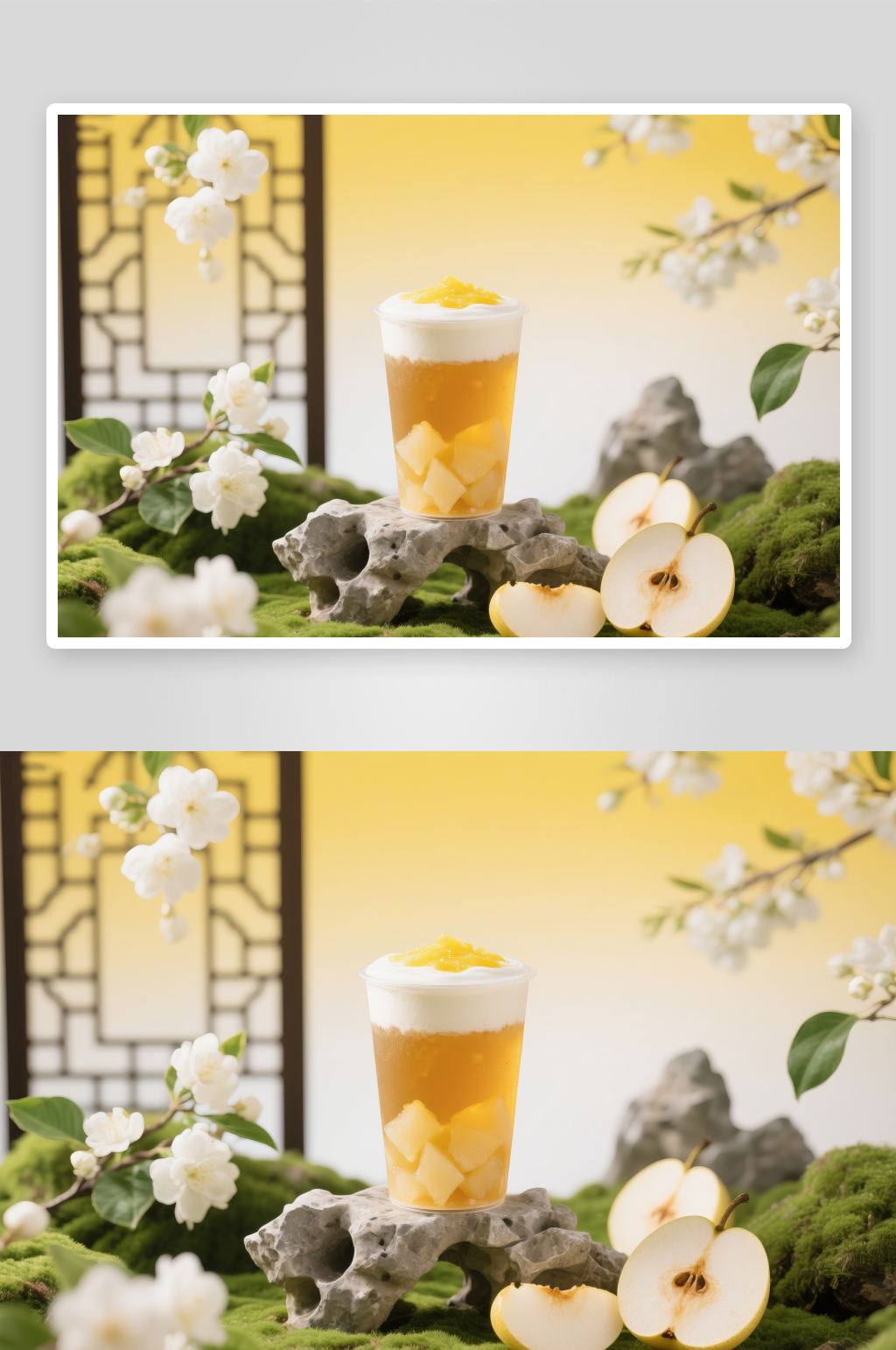 新鲜果茶梨子雪梨奶茶饮品水果摄影图素材