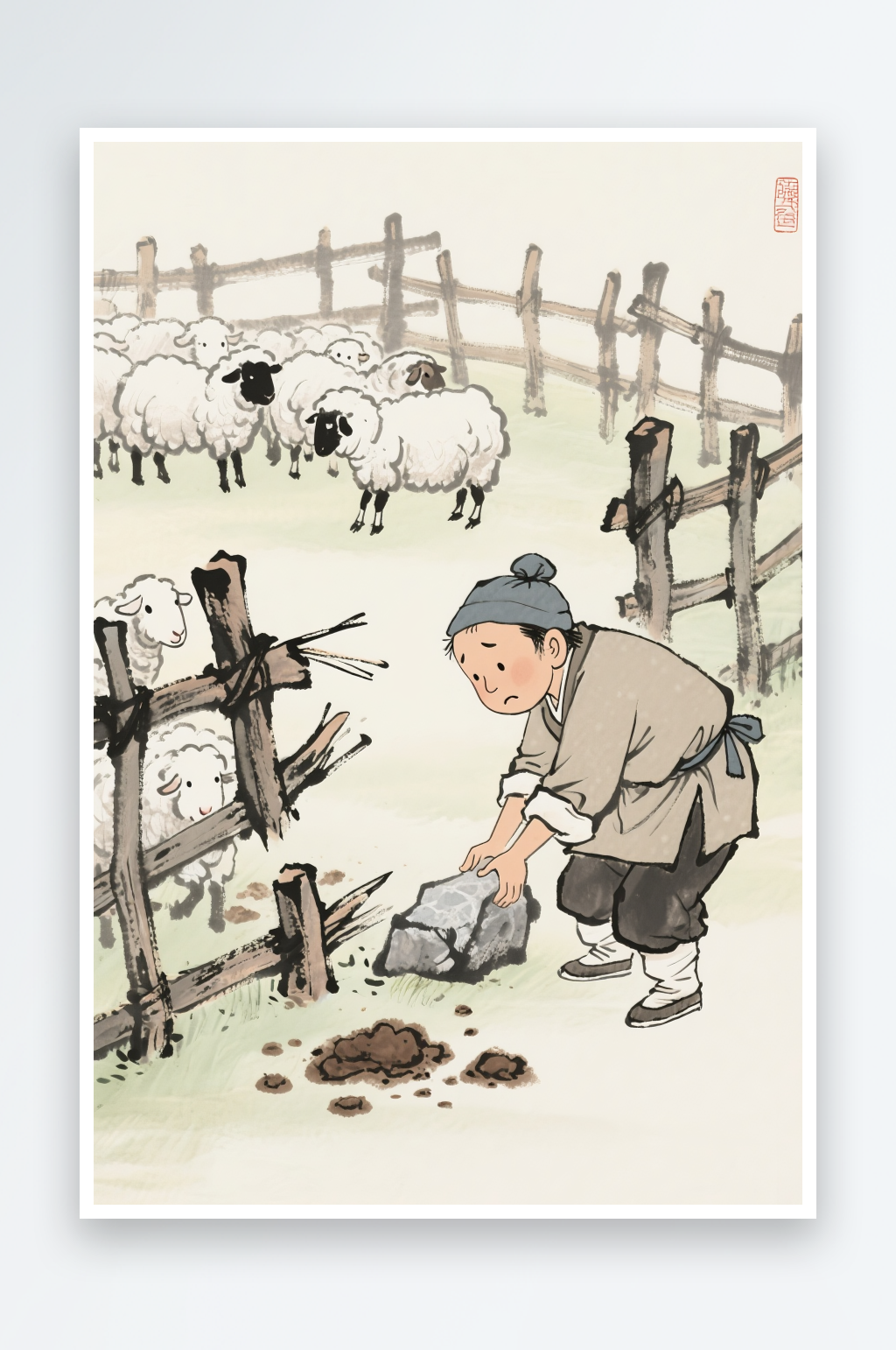 亡羊补牢中国传统成语故事插画素材