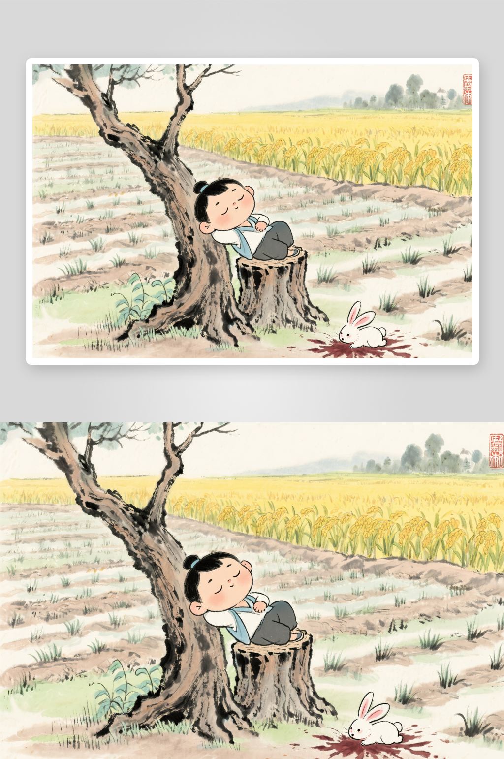 守株待兔插画中国传统成语故事插画素材