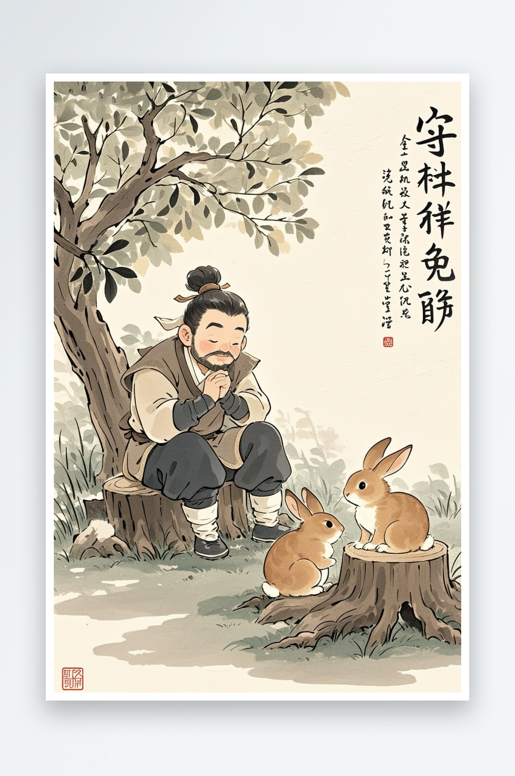 守株待兔插画中国传统成语故事插画素材