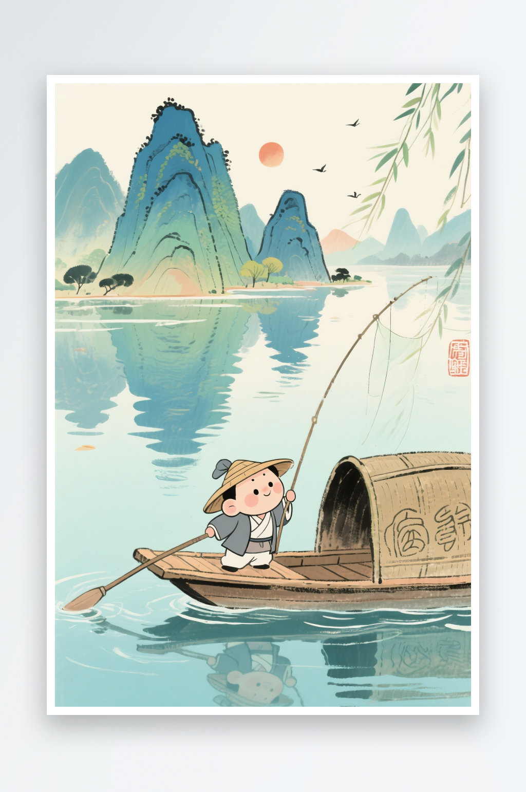 刻舟求剑水墨中国传统成语故事插画素材