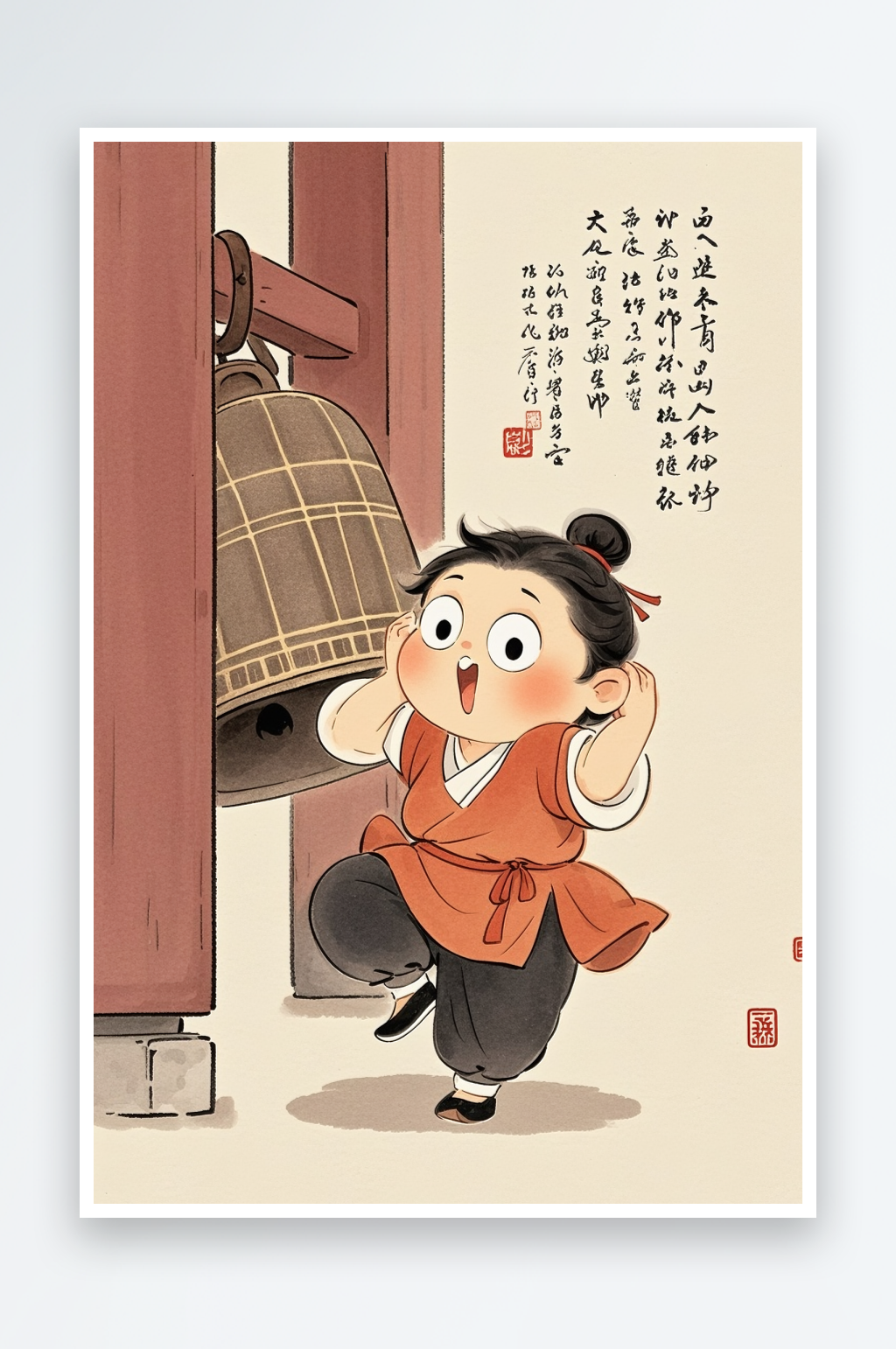 掩耳盗铃水墨中国传统成语故事插画素材