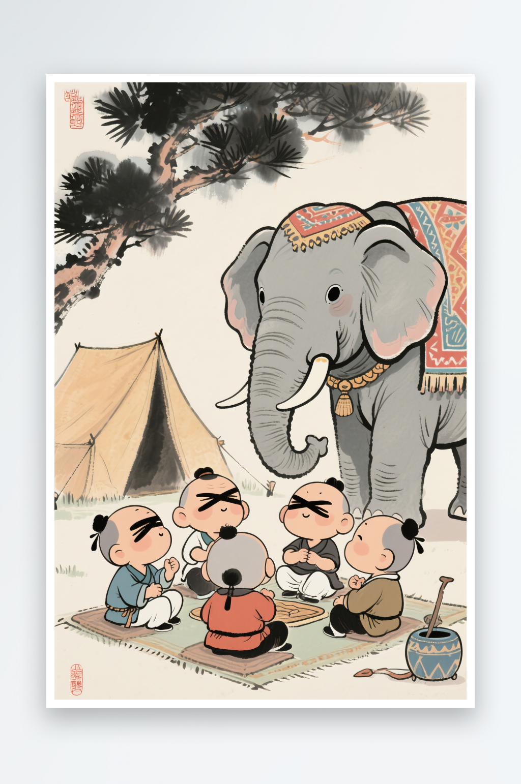 瞎子摸象水墨中国传统成语故事插画素材