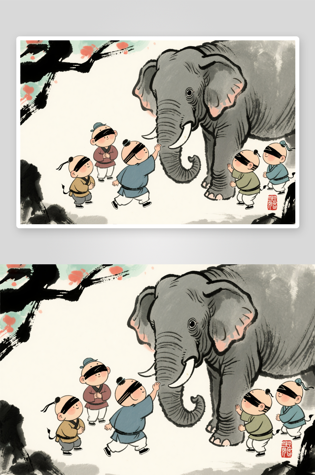 瞎子摸象水墨中国传统成语故事插画素材