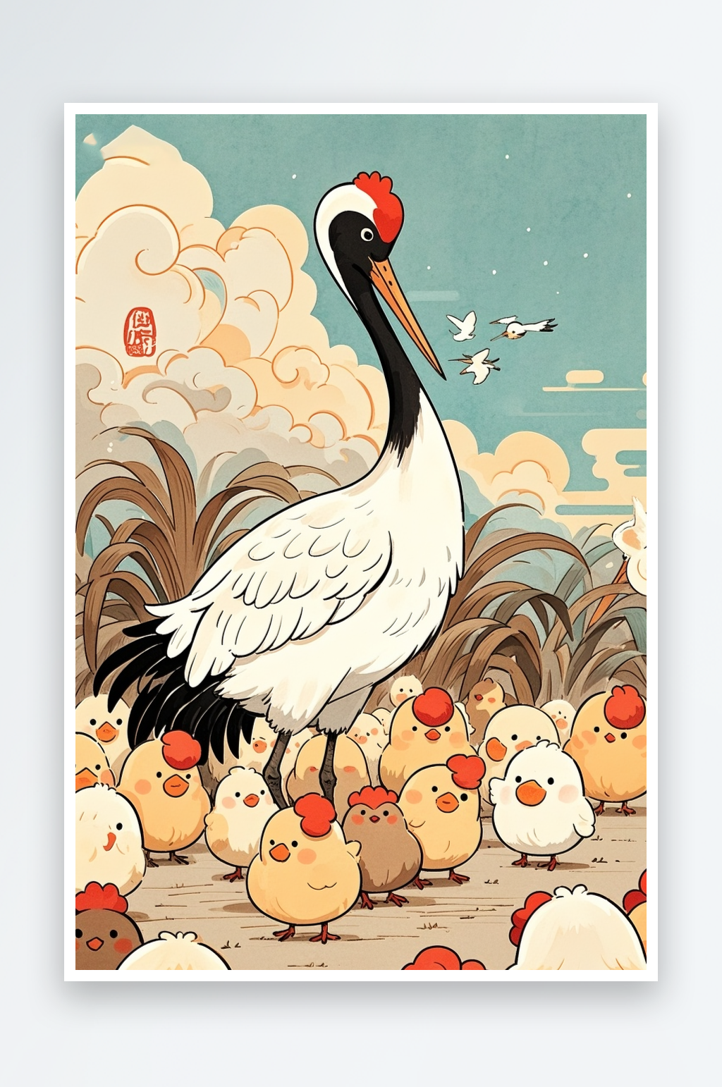 鹤立鸡群水墨中国传统成语故事插画素材