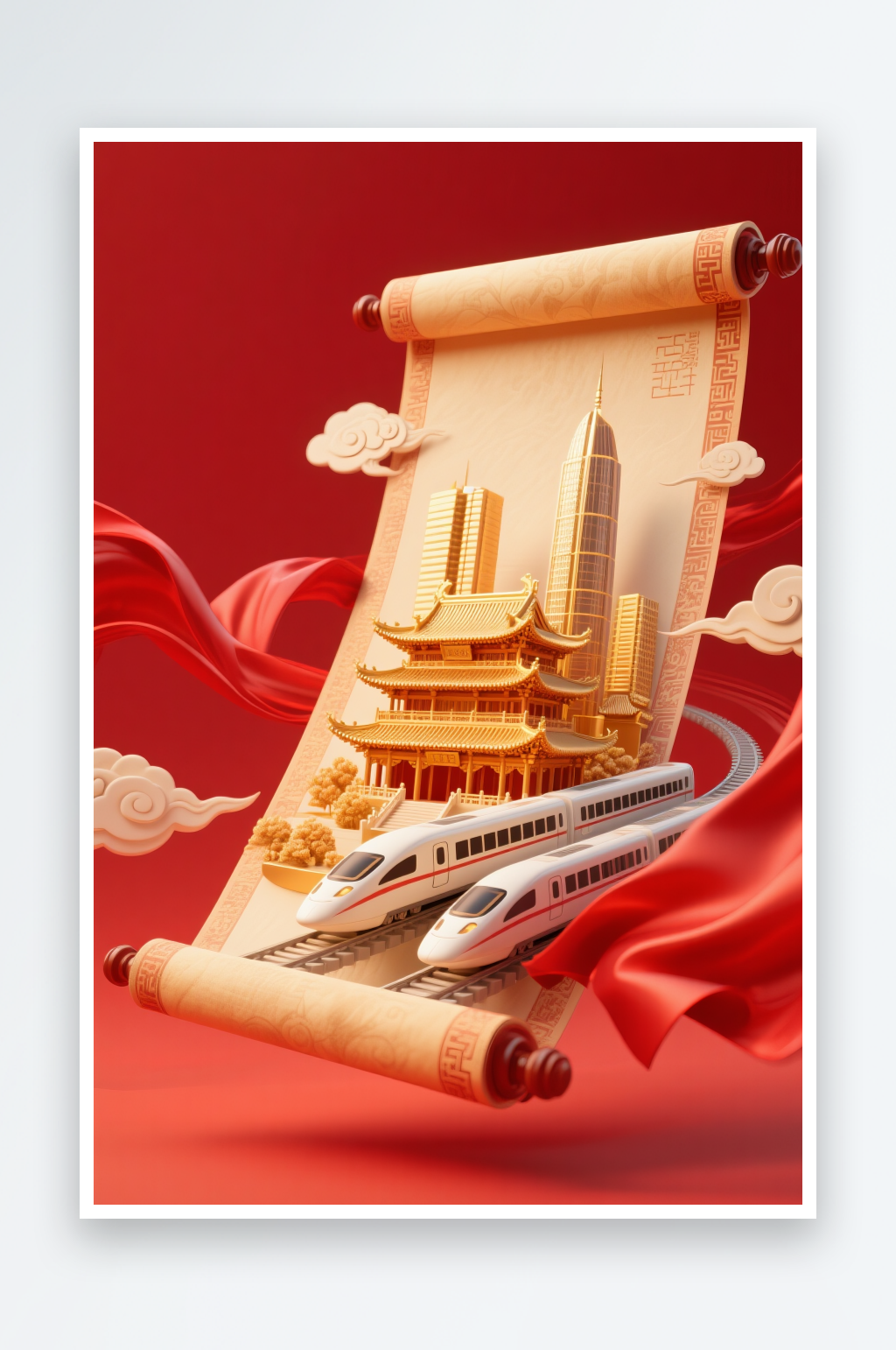 紅色飄帶國慶節(jié)旅游國潮立體模型插畫場景背景圖素材