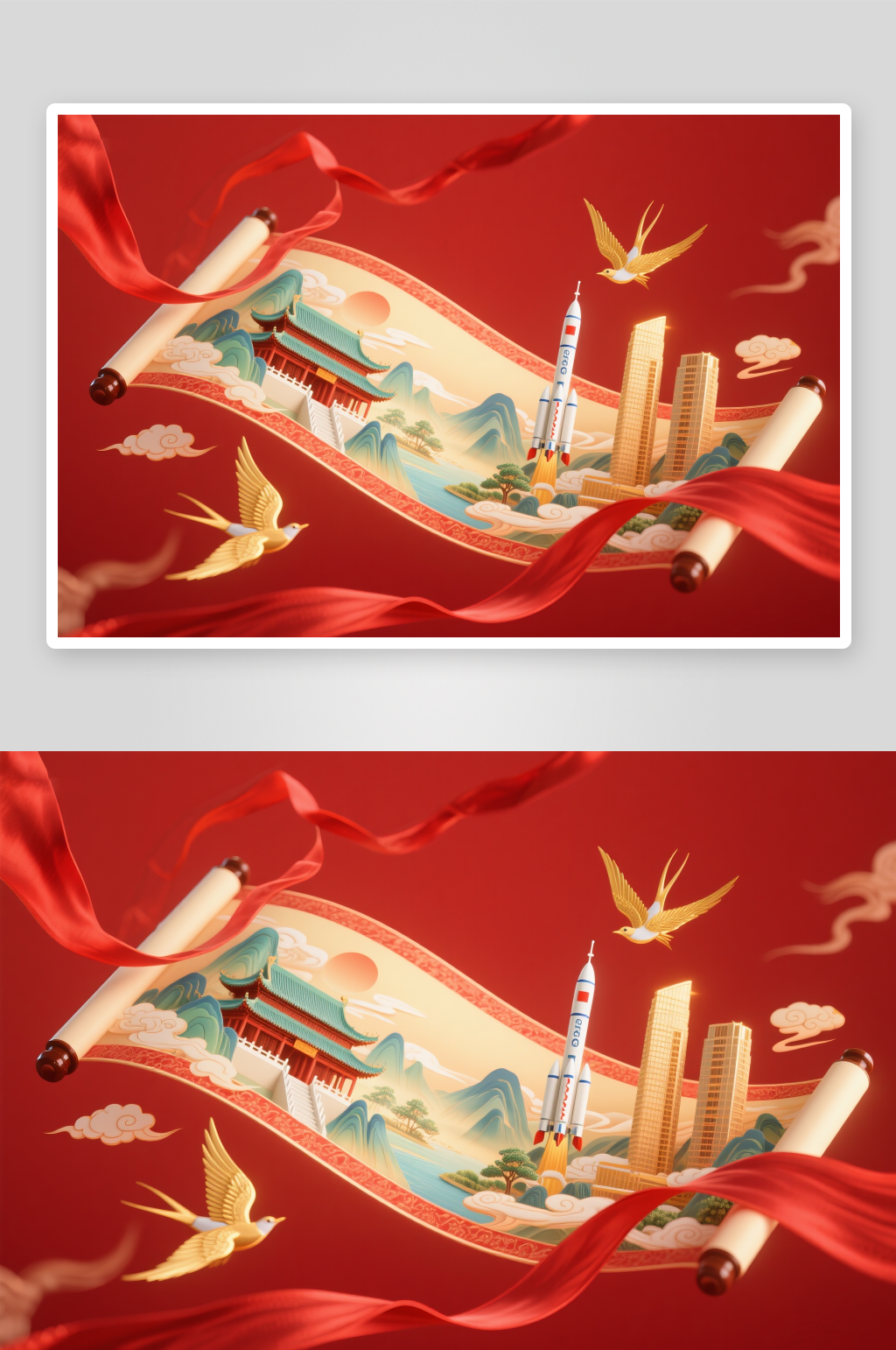 紅色飄帶國慶節(jié)國潮立體模型插畫場景背景圖素材