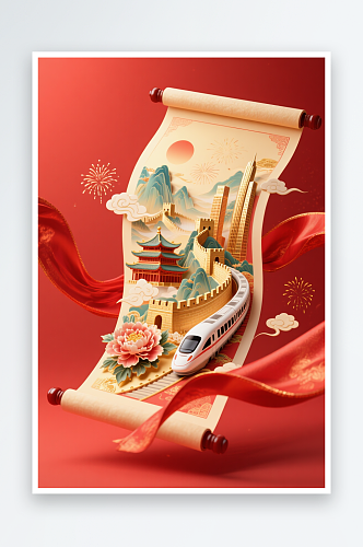 红色画卷国庆节旅游国潮立体模型插画场景背景图