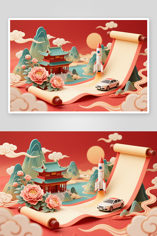 中国山水国庆节旅游国潮立体模型插画场景背景图-众图网