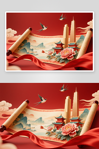 火箭高楼国庆节国潮立体模型插画场景背景图