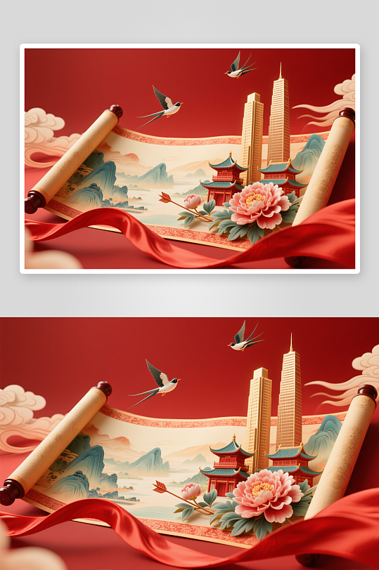 火箭高楼国庆节国潮立体模型插画场景背景图-众图网