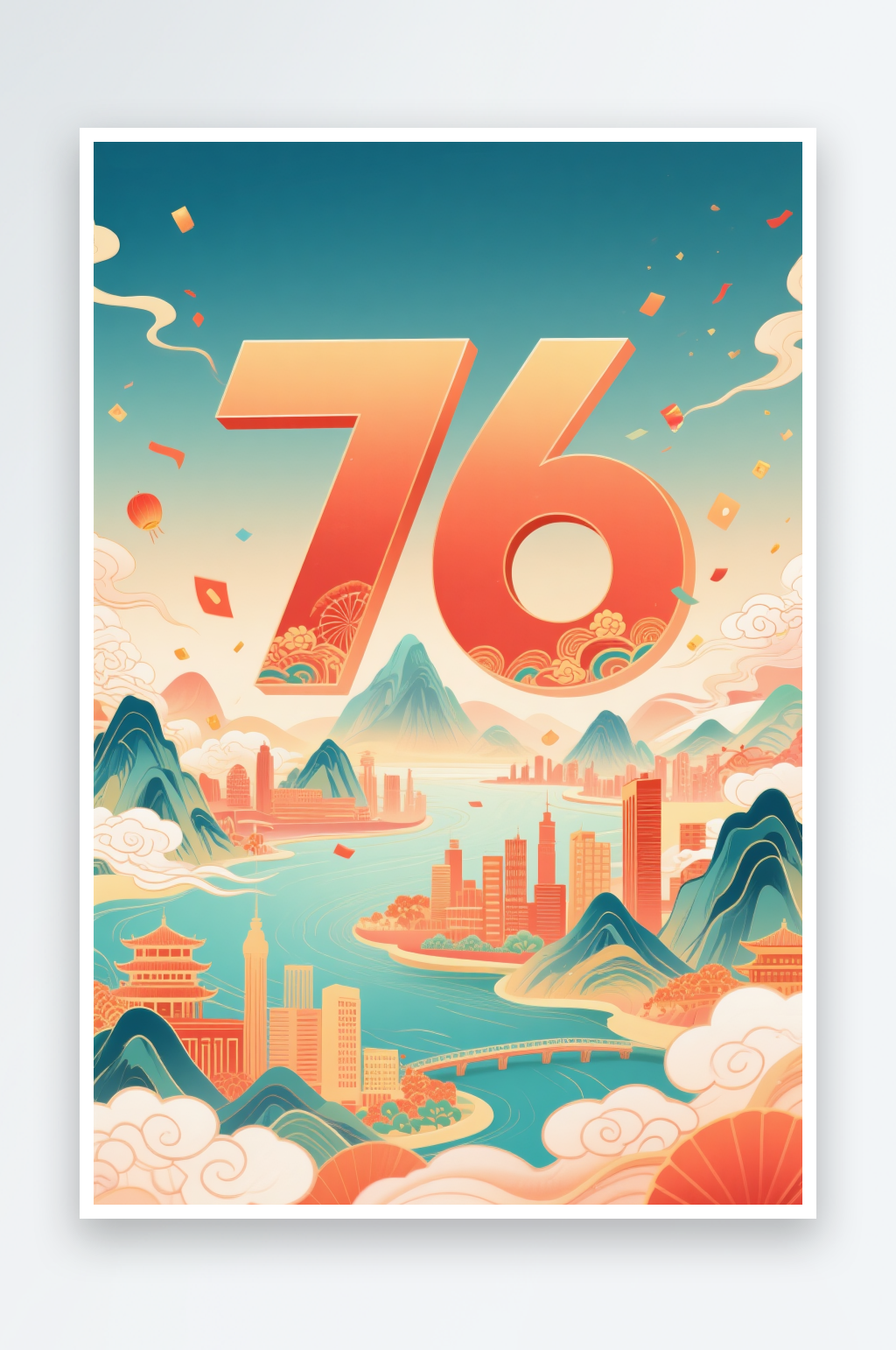 扁平化建筑国庆节76周年创意背景图插画素材