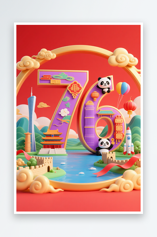 火箭十一國慶節(jié)76周年立體模型插畫場景