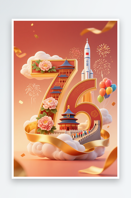 天坛十一国庆节76周年立体模型插画场景-众图网