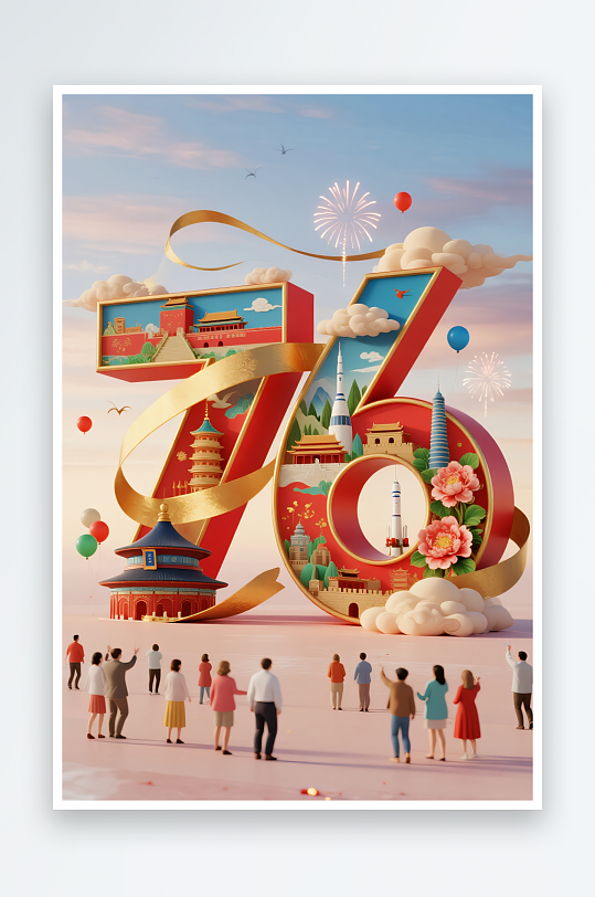 红色十一国庆节76周年立体模型插画场景-众图网