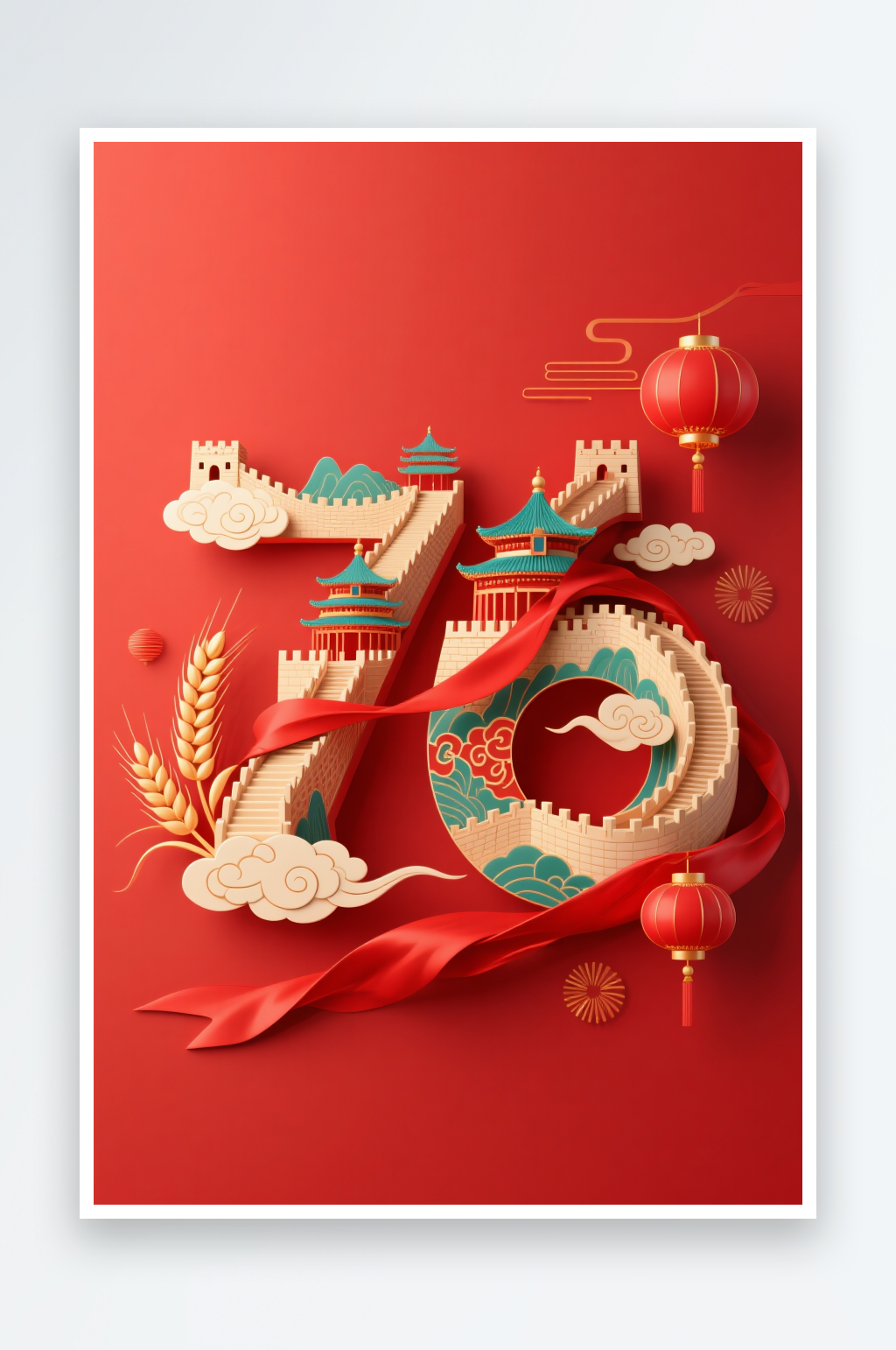 红色十一国庆节76周年立体模型插画场景素材