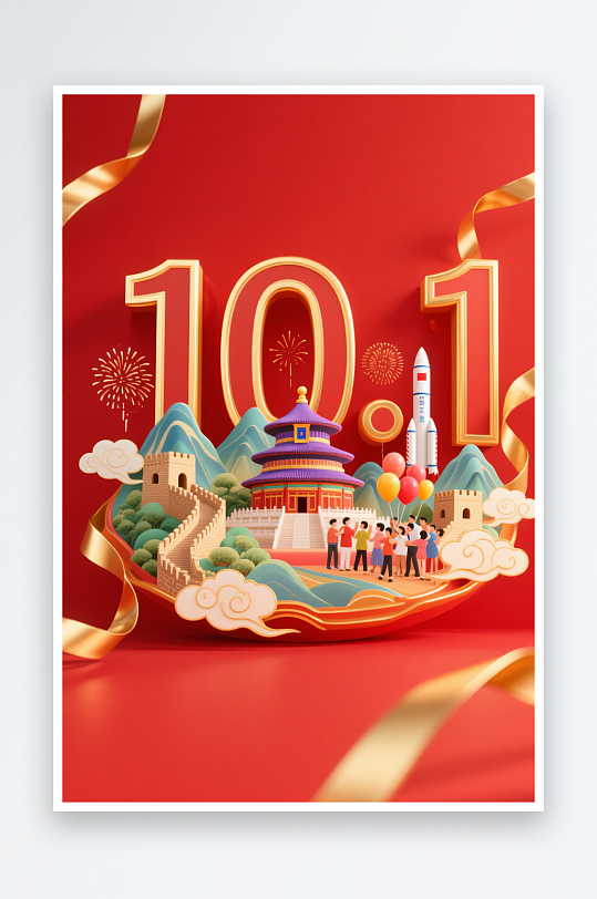 國(guó)潮十一國(guó)慶節(jié)76周年立體模型插畫場(chǎng)景