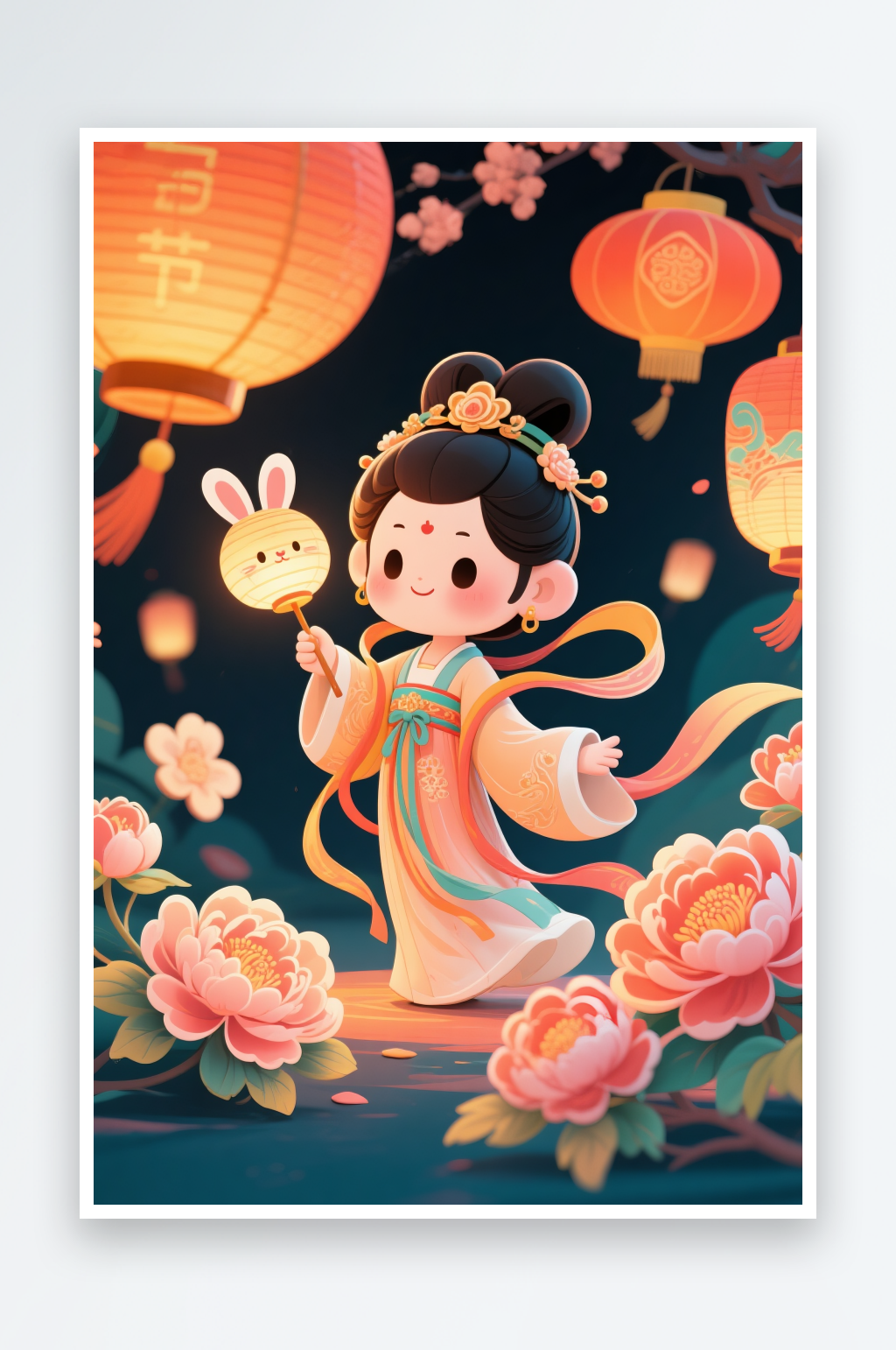 赏月亮中秋节嫦娥玉兔人物插画素材