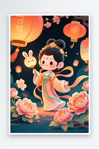 赏月亮中秋节嫦娥玉兔人物插画