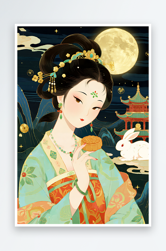 赏月亮中秋节嫦娥玉兔人物插画