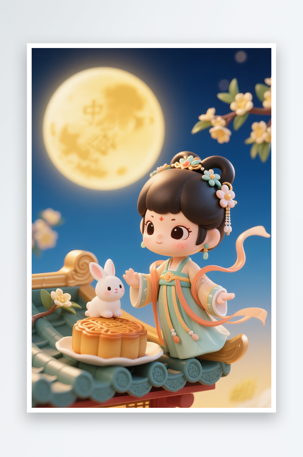 赏月亮中秋节嫦娥玉兔人物插画素材